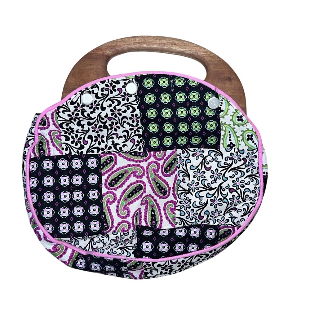 Quilted Patchwork Handbag with Wooden Handles - Vibrant Floral & Paisley Print